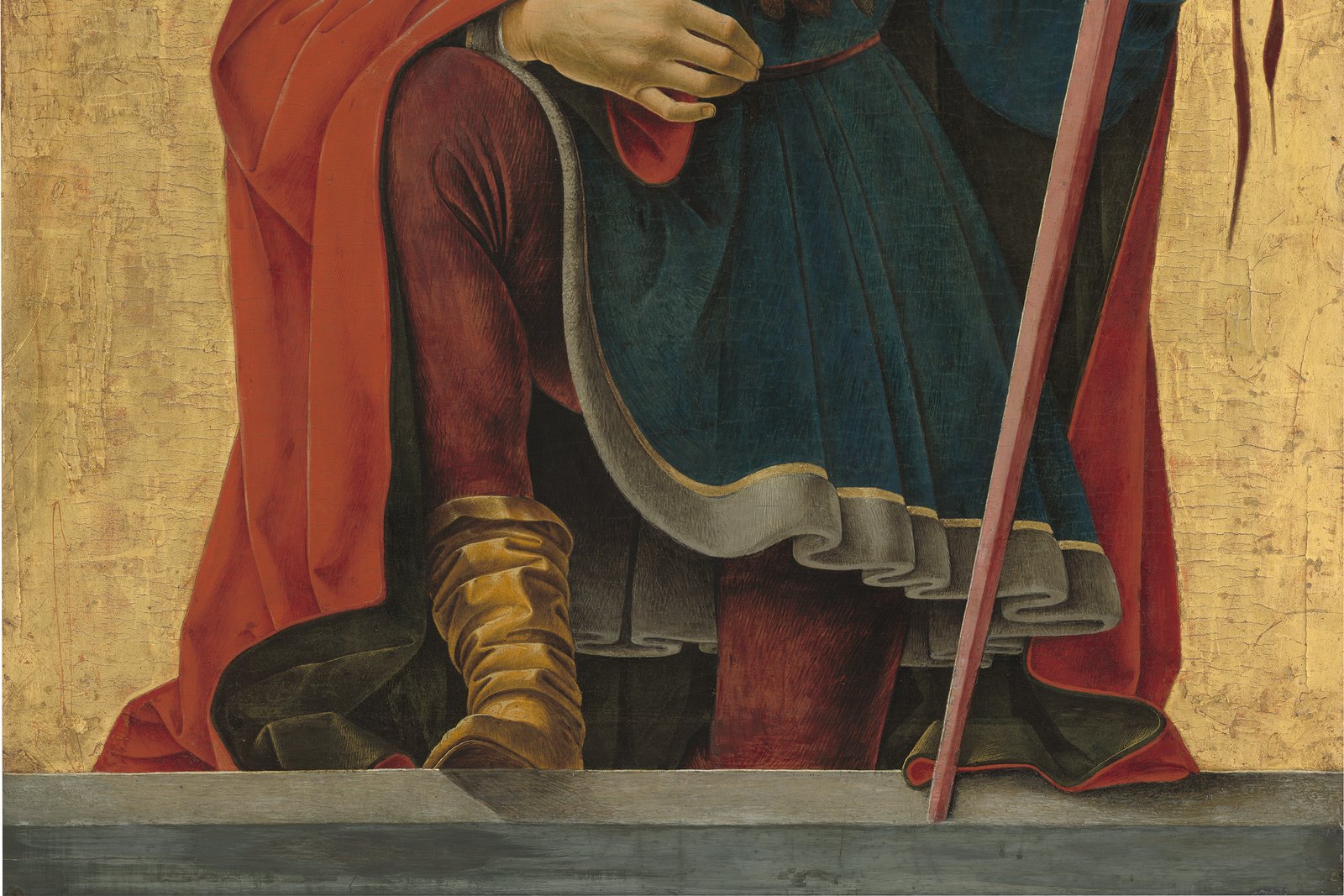 A late-15th-century tempera panel painting of a Roman soldier-saint in armor, holding a banner and standing in a landscape, with a halo around his head.