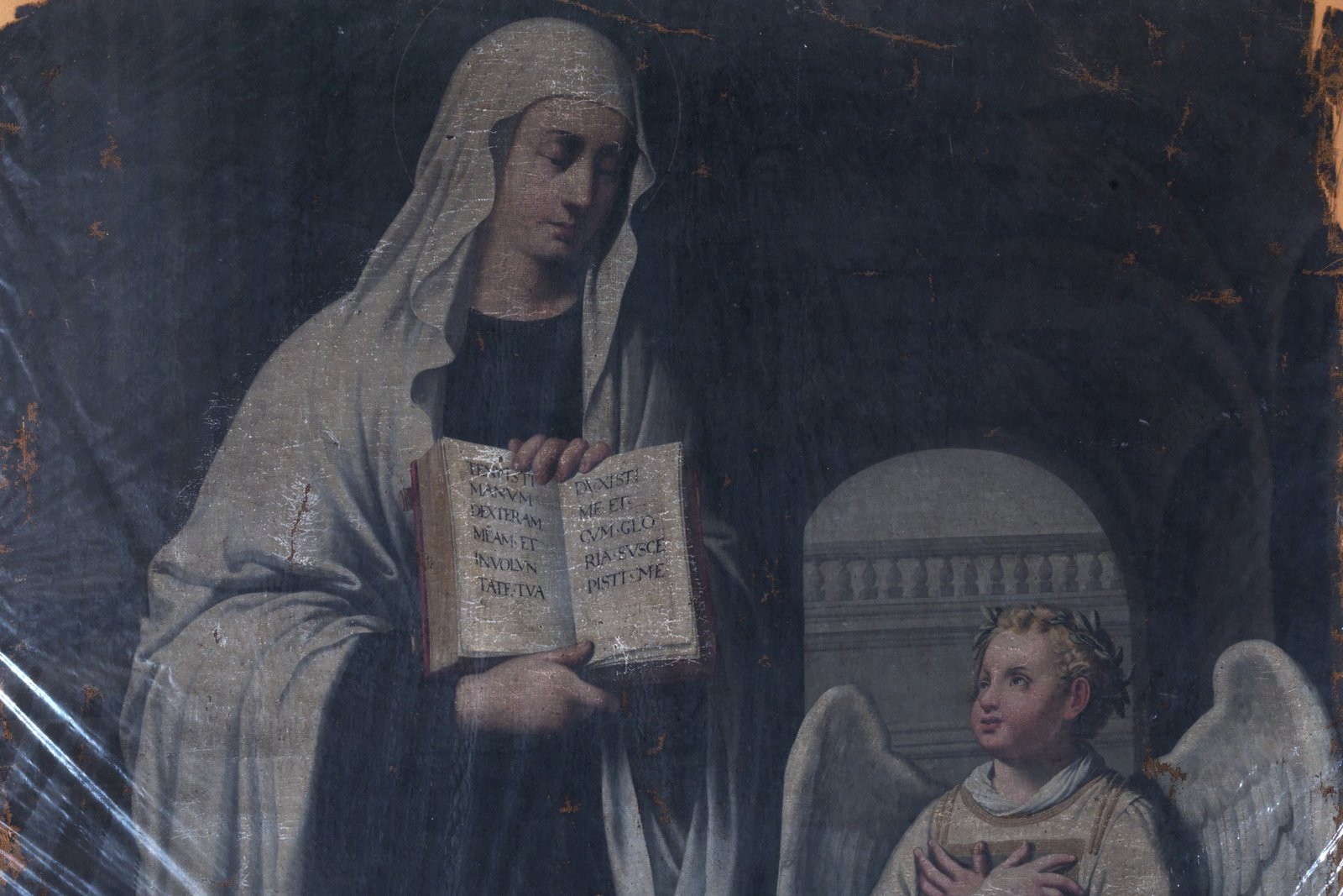 A 17th-century painting of Saint Frances of Rome, veiled in white, holding an open prayer book beside her guardian angel, depicted as a young winged figure in a laurel wreath.