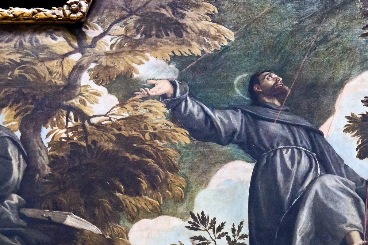 Gemälde des heiligen Franziskus von Assisi, kniend an einem Berghang, das Gesicht nach oben gewandt, den Arm ausgestreckt, während Strahlen ihn mit einer Vision über ihm verbinden.