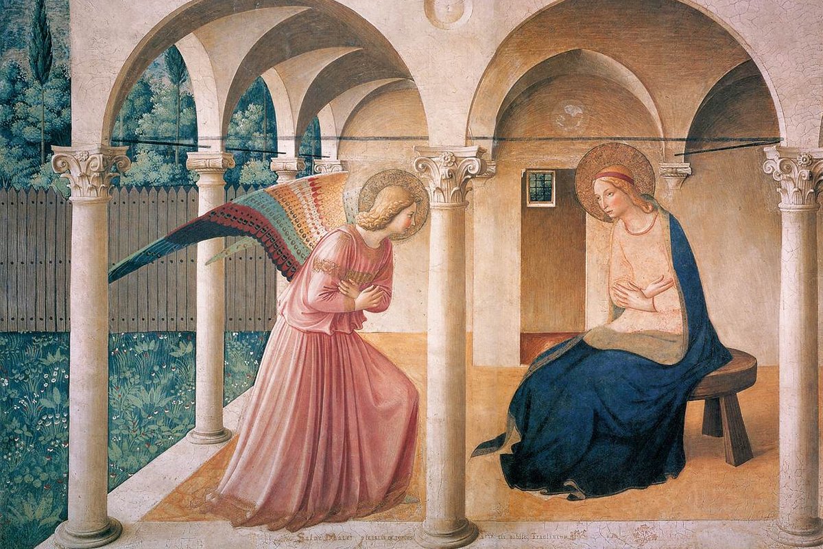 Peinture de style aquarelle représentant l'archange Gabriel apparaissant à la Vierge Marie lors de l'Annonciation.