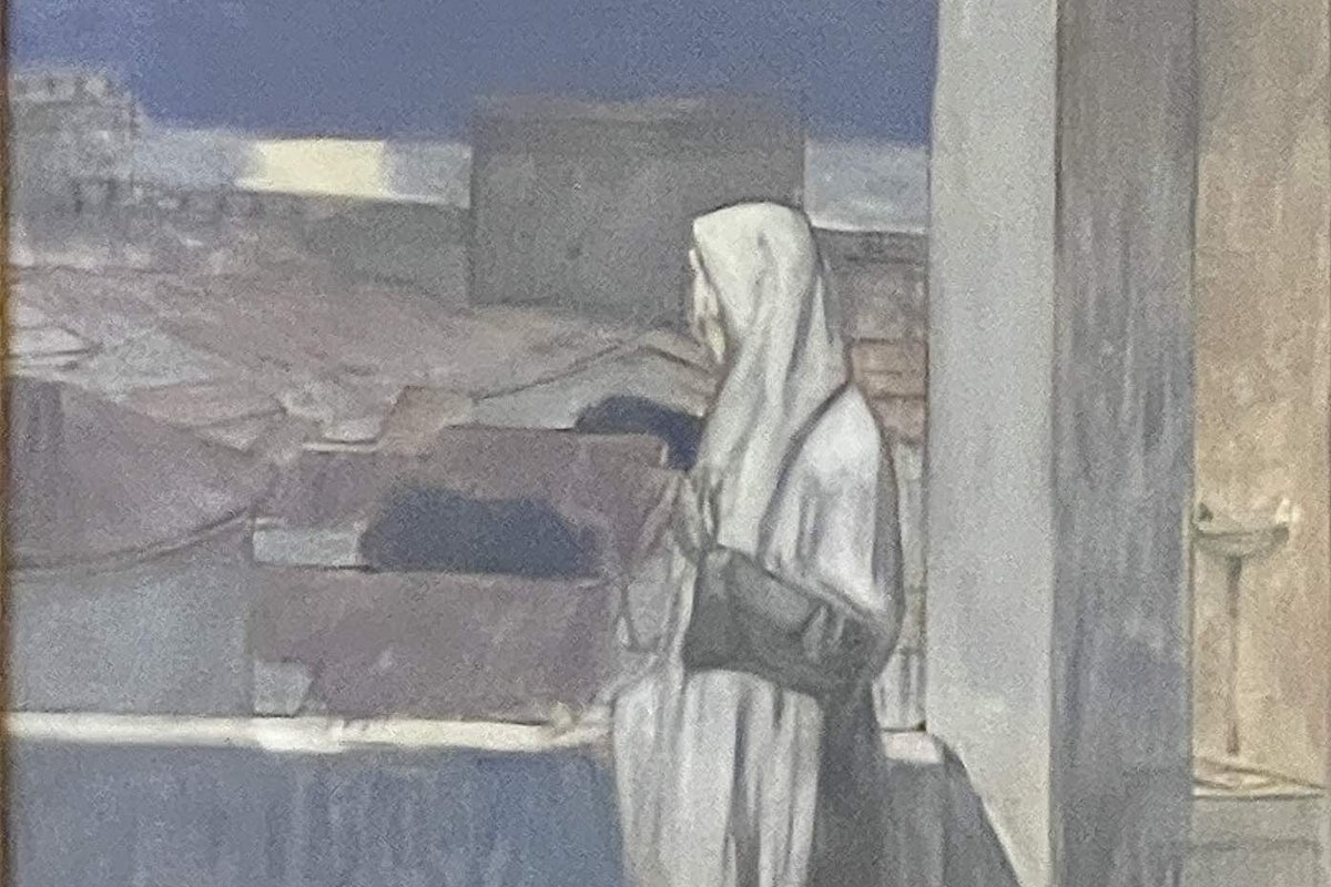 A hooded woman stands on a moonlit rooftop terrace overlooking the rooftops of Paris, painted in soft blues and grays.