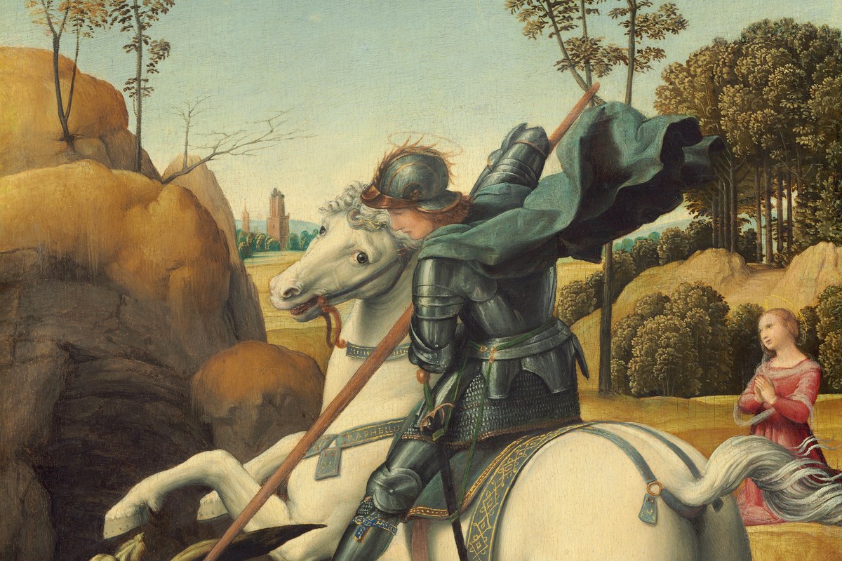 A dynamic painting of an armored knight on a rearing white horse spearing a dragon, with a princess looking on.