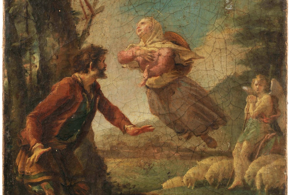 An 18th-century oil painting showing a barefoot shepherd reaching toward a haloed woman carrying an infant in her arms, with sheep and an angel visible nearby.
