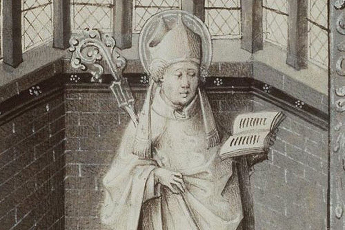 A portrait of an early medieval Catholic bishop in simple vestments, holding a crosier, with a solemn expression.