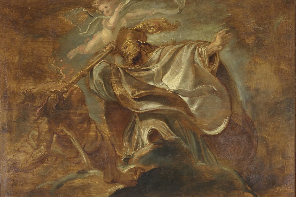 A Baroque oil painting of a bearded, balding bishop saint in ornate robes, looking upward with one hand raised, painted in warm golden and red tones.