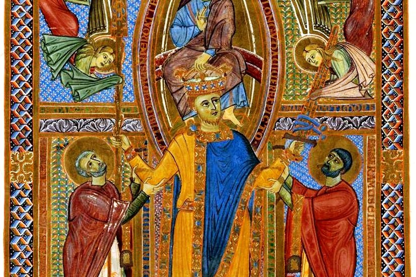 A medieval illuminated manuscript miniature showing Emperor Henry II being crowned by Christ, flanked by two bishops, in gold, blue, and red pigment.