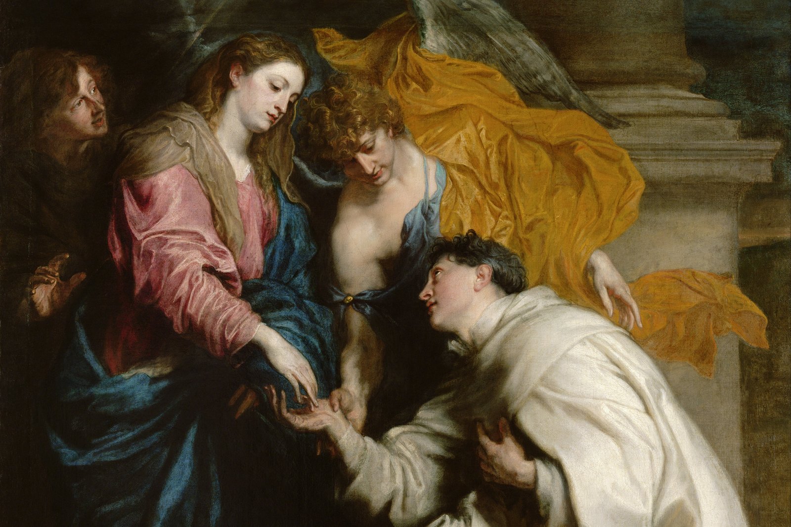 Una pintura al óleo barroca de un monje arrodillado con hábito blanco que recibe un anillo de la Virgen María, sentada sobre nubes con el Niño Jesús en brazos.