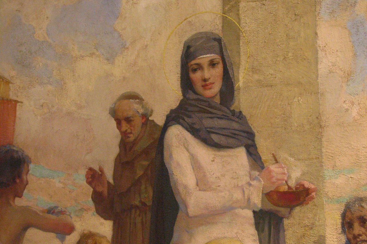 A detail from an oil painting showing a haloed young nun standing beside an elderly monk, distributing charity in a sunlit courtyard.