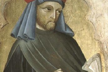 A tempera panel painting of Saint Homobonus of Cremona, wearing a red hood and dark merchant's robes, holding a small white sack of alms in his hand.