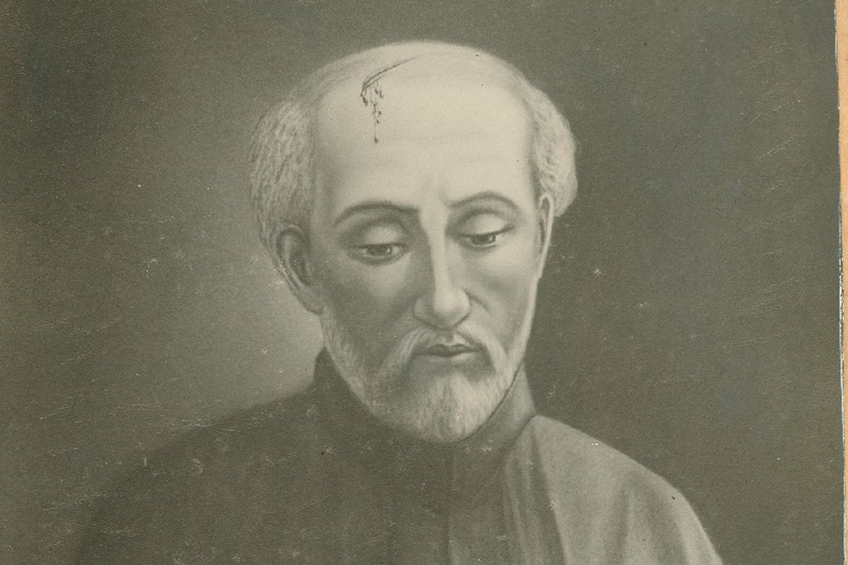 A Jesuit missionary priest with a visible scar on his forehead, hands folded in prayer, in a 19th-century devotional portrait.