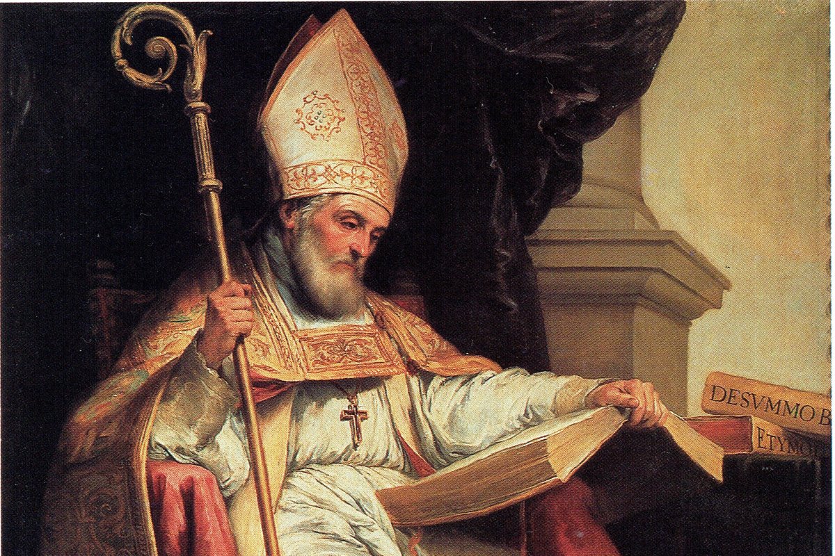A bishop in white and gold vestments, wearing a tall mitre and holding a crozier, seated while reading from a large open book inscribed "Etymologiae."