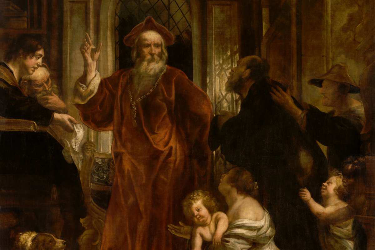 A Baroque oil painting of an elderly bearded man in a red judge's robe and cap, raising one hand while a poor woman with children kneels before him seeking justice.