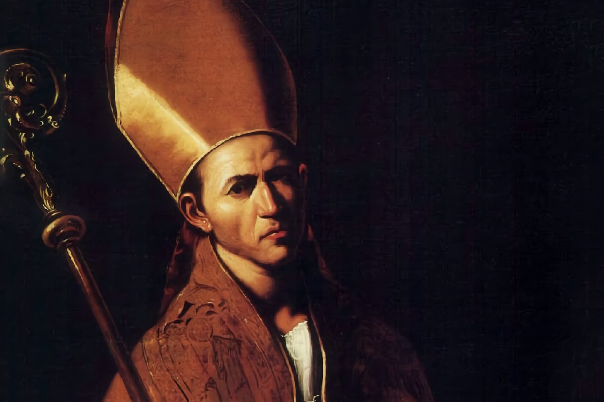 A bishop in a gold mitre and richly embroidered cope holds a crozier, lit dramatically against a dark background, in a Baroque devotional portrait.