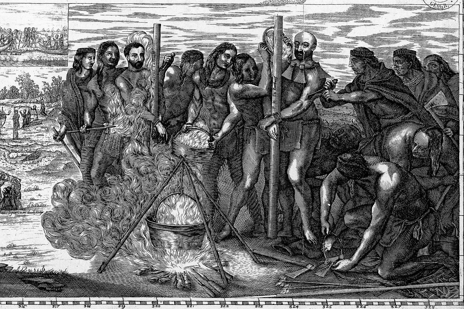 A 17th-century engraving depicting the mission and martyrdom of Saint John de Brébeuf among the Huron people.