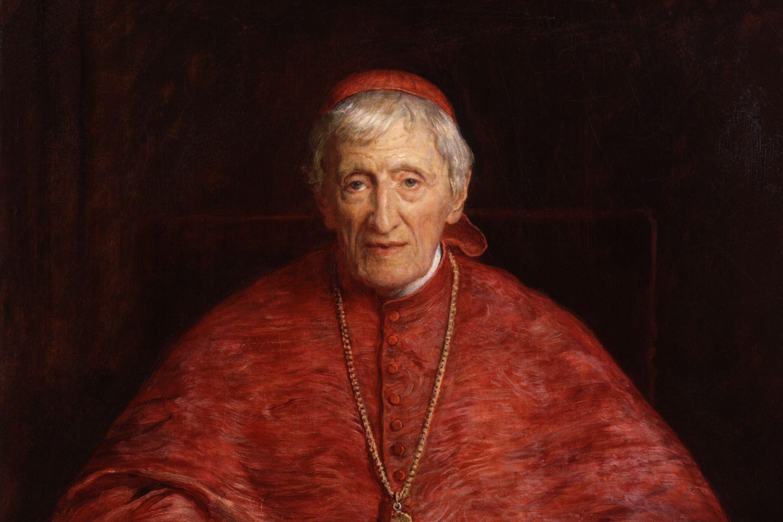Retrato al óleo formal de un cardenal anciano de cabello blanco, vestido con hábito y bonete rojos cardenalicios, sentado con un libro en la mano.