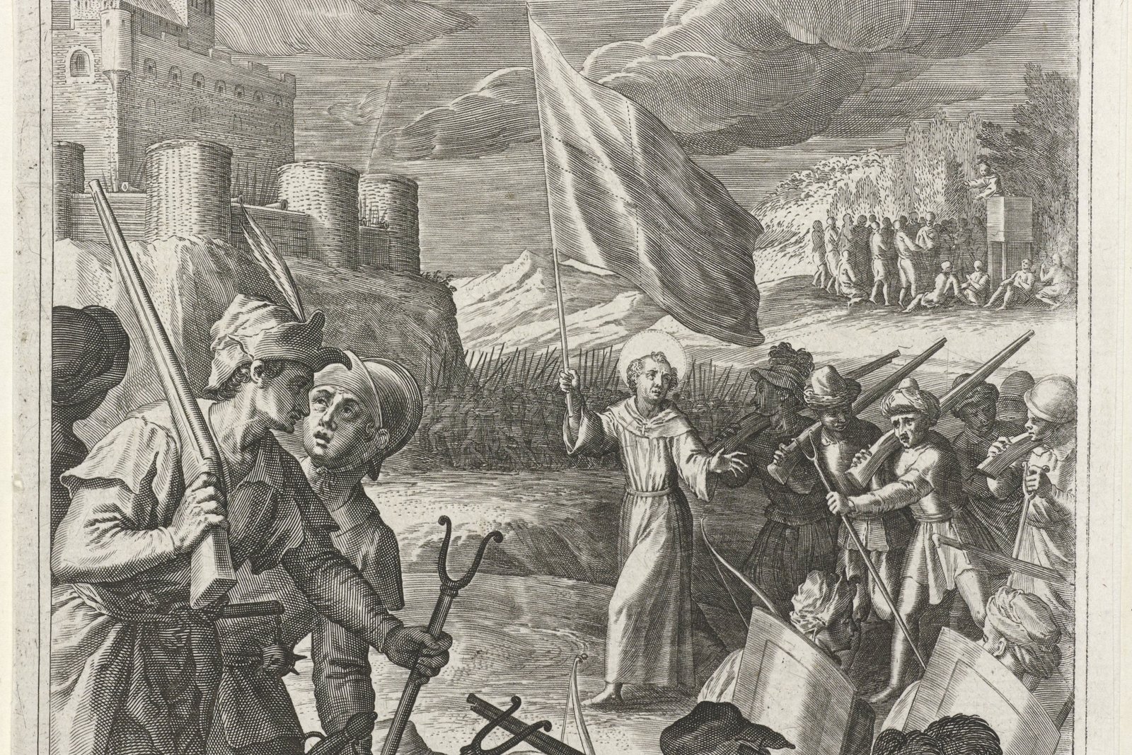 A 17th-century engraving of Saint John of Capistrano leading troops at the Siege of Belgrade.