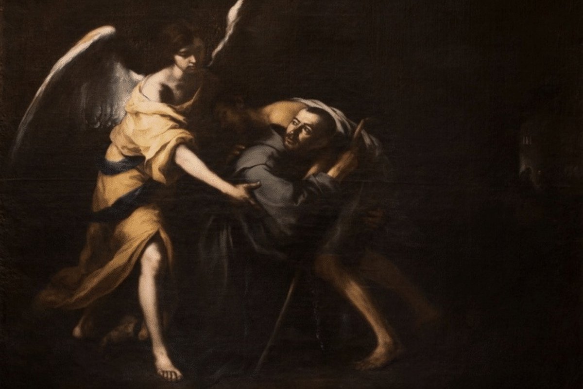 A dramatic Baroque painting of a winged angel helping a stumbling man carry another injured man across a dark scene.