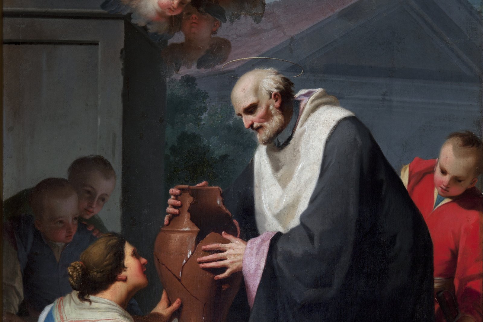 An 18th-century oil painting of Saint John of Kanty, an elderly priest with a halo, miraculously mending a broken clay jug for a kneeling peasant woman as onlookers and angels watch.
