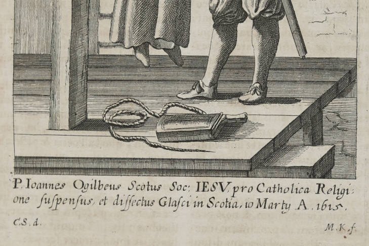 Un'incisione del XVII secolo raffigurante un sacerdote barbuto in abito clericale, in uno stile di ritratto devozionale formale tipico delle stampe di martiri dell'epoca.