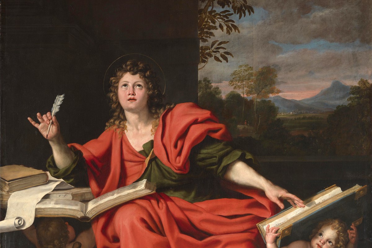A Baroque painting of a young man with curly hair and a red robe, holding a quill and looking upward while two cherubs hold an open book.