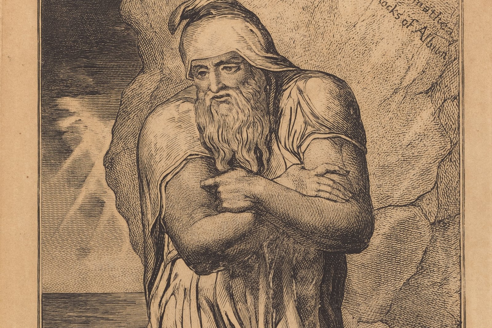 An 18th-century engraving of an elderly bearded man in flowing robes standing on a rocky shoreline, his arms crossed over his chest, based on William Blake's depiction of Joseph of Arimathea.