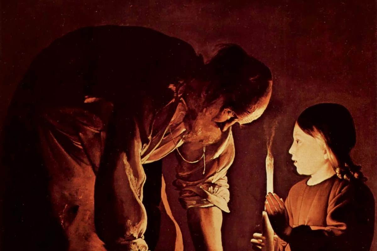 Kerzenlicht-Gemälde aus dem 17. Jahrhundert des heiligen Josef, des Zimmermanns, über seine Werkbank gebeugt, gegenüber einem jungen Jesus, der eine brennende Kerze hält.