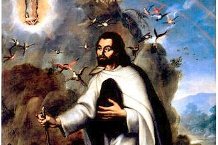 An 18th-century portrait of Saint Juan Diego kneeling in a landscape, clutching his tilma to his chest, with a small image of Our Lady of Guadalupe and scattered birds above him.