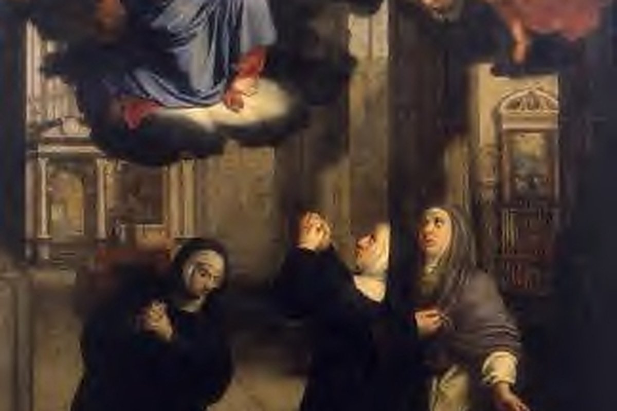 A 17th-century oil painting showing the Virgin Mary appearing in clouds above three kneeling nuns adoring the Blessed Sacrament in a church interior.