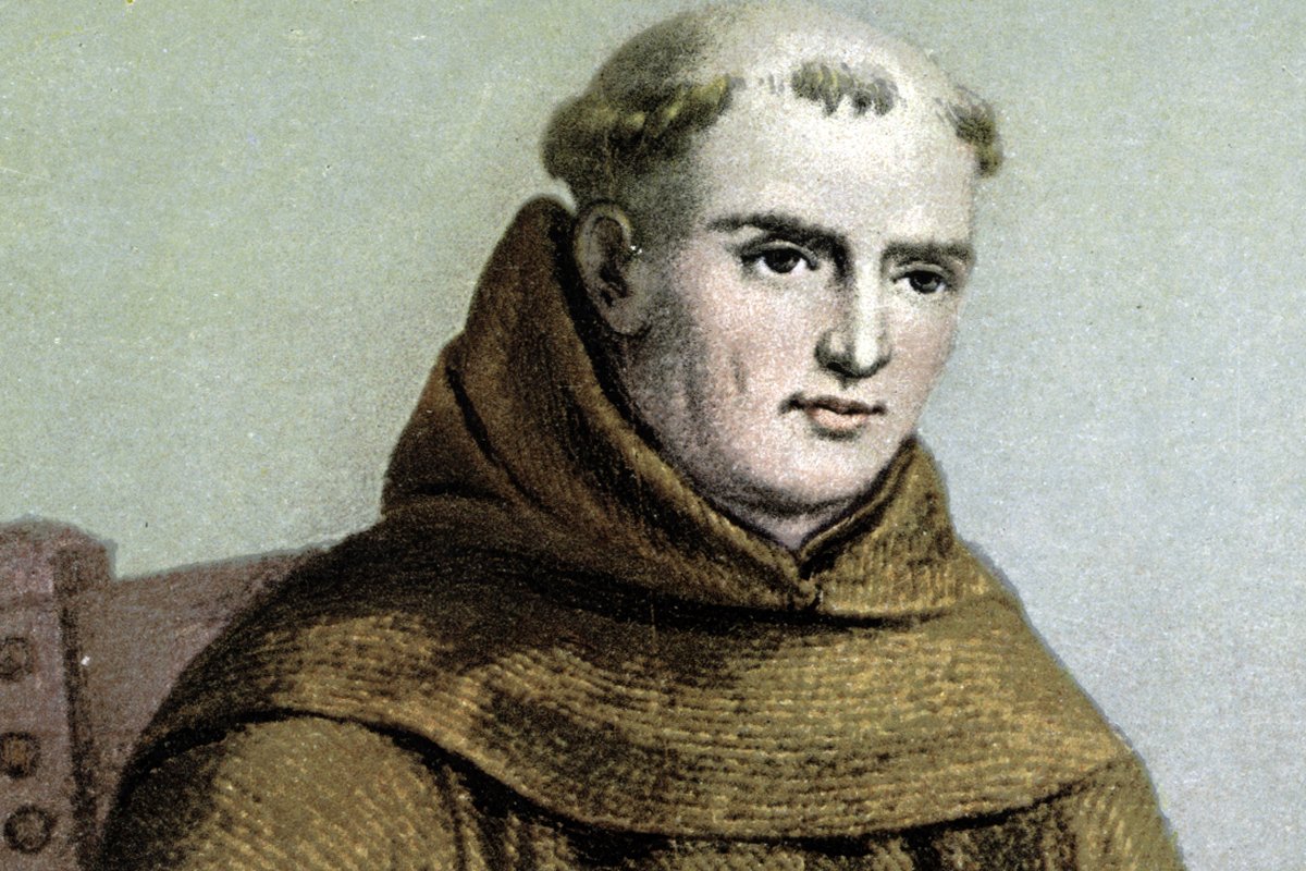 A tinted early-20th-century postcard portrait of a Franciscan friar in a brown hooded habit, based on a historical portrait of Junípero Serra.