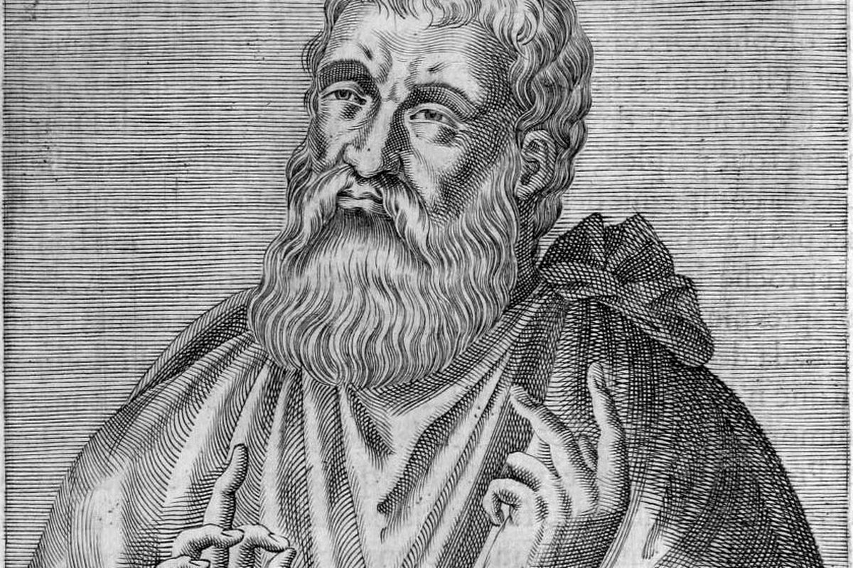 A bearded man in a philosopher's cloak gestures with raised fingers, in a 16th-century engraved portrait evoking a 2nd-century Christian teacher and apologist.