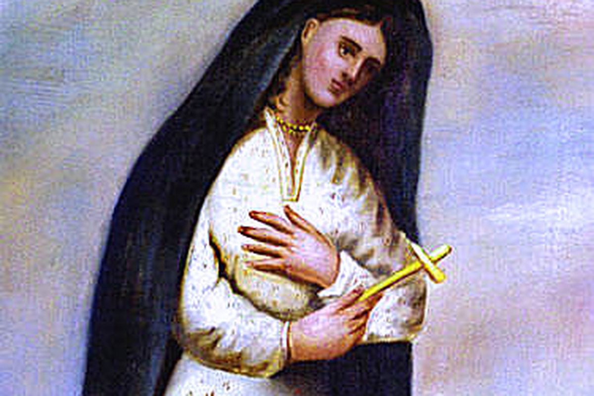 A portrait of a young Native American woman with a gentle expression, wrapped in a simple cloak, with a small cross visible at her chest.