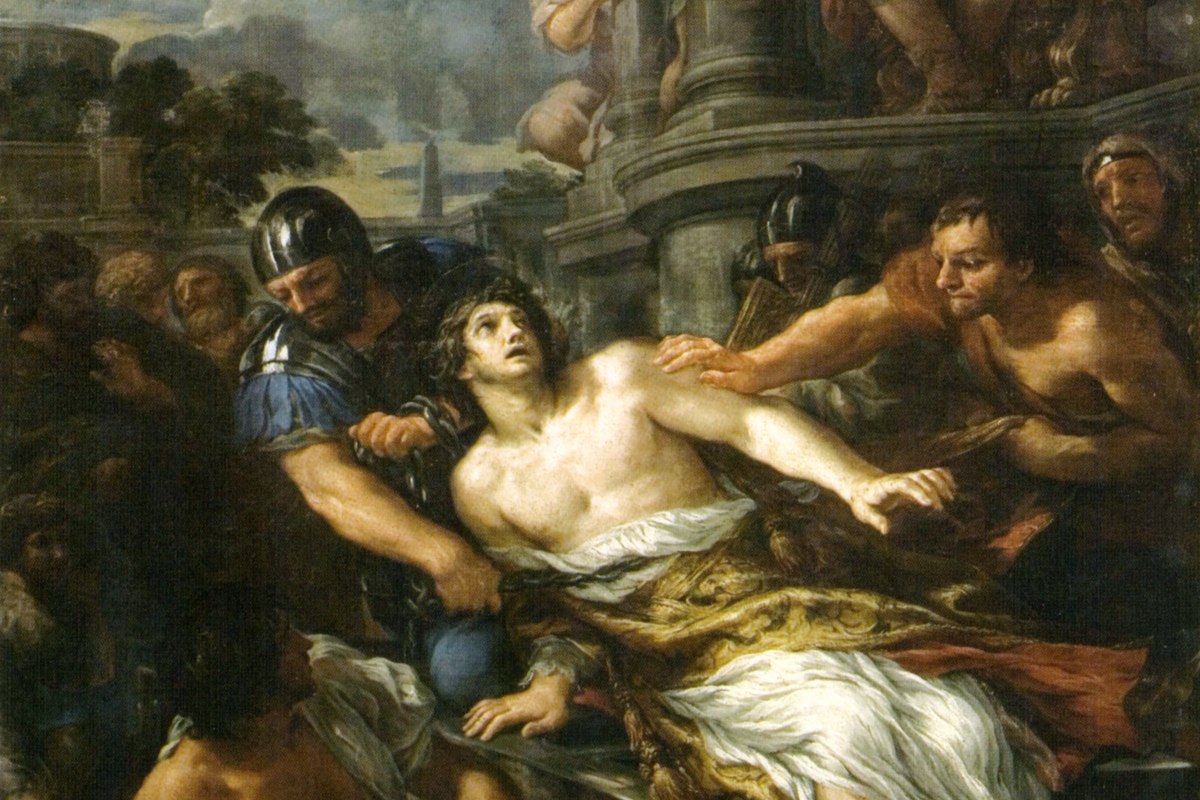 A dramatic painting of a shirtless young man being seized by armored soldiers, with an enthroned emperor watching from above.