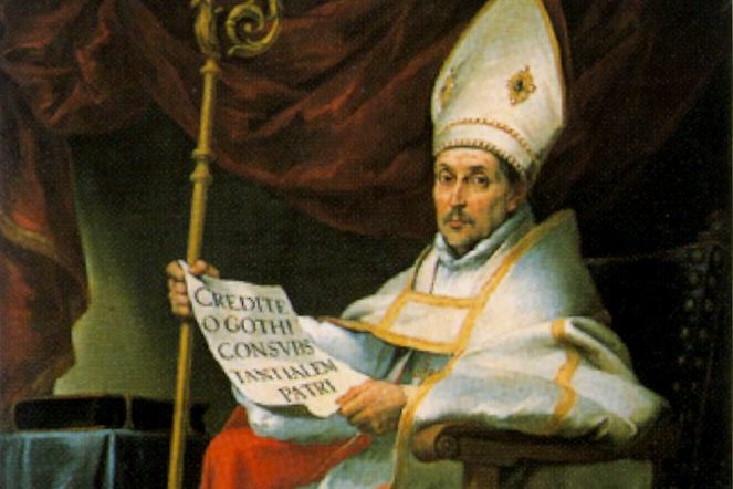 A Baroque oil painting of a bearded bishop in rich vestments, holding a book, with a solemn expression.