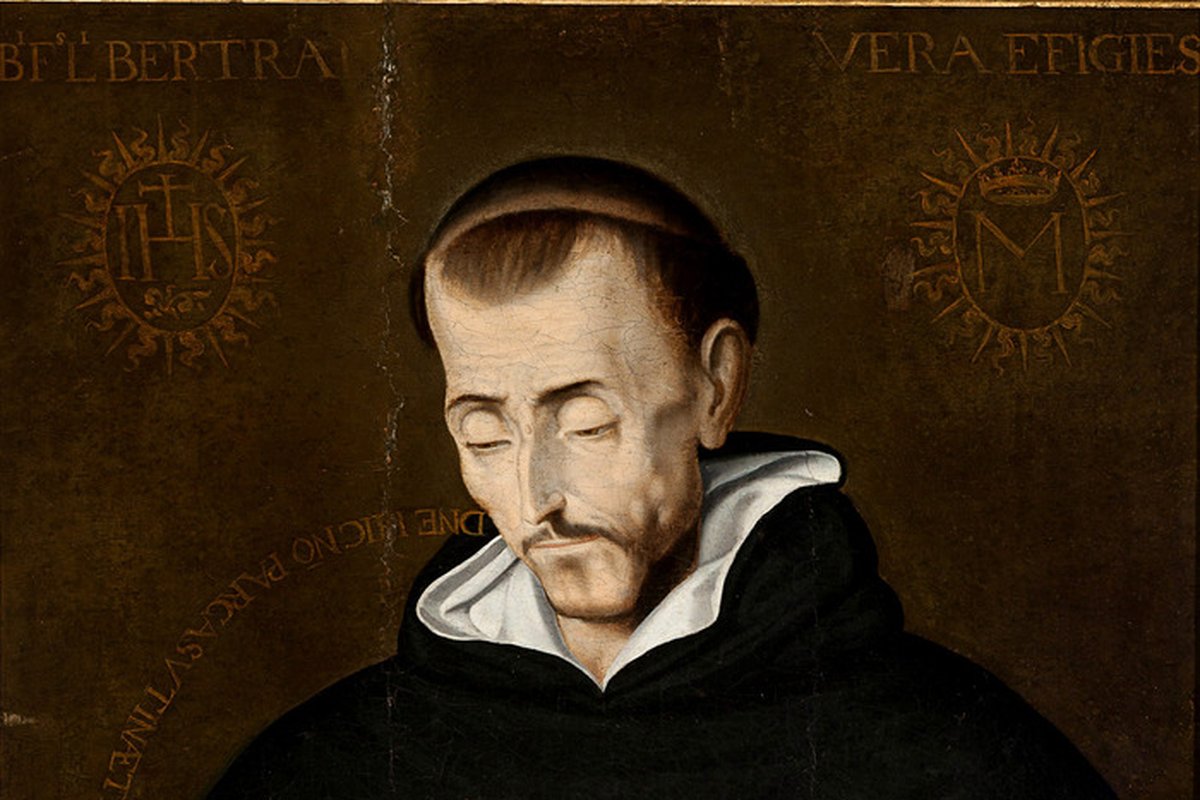 A portrait painted from life around 1581 showing Saint Louis Bertrand as an older Dominican friar in black and white habit, holding a crucifix, with the inscription "Vera Efigies" (true likeness).