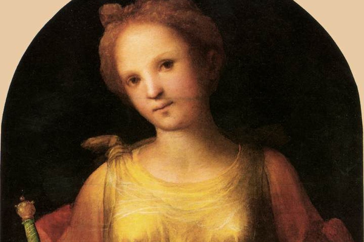A portrait of a young virgin martyr holding a palm branch and a small plate, with a serene, luminous expression.