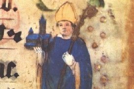 A medieval devotional portrait of a bishop-saint in vestments, holding a crozier and a small model of a church.