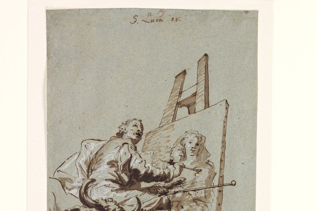 A portrait of an evangelist seated with a book and a painter's palette, an ox symbol visible nearby.