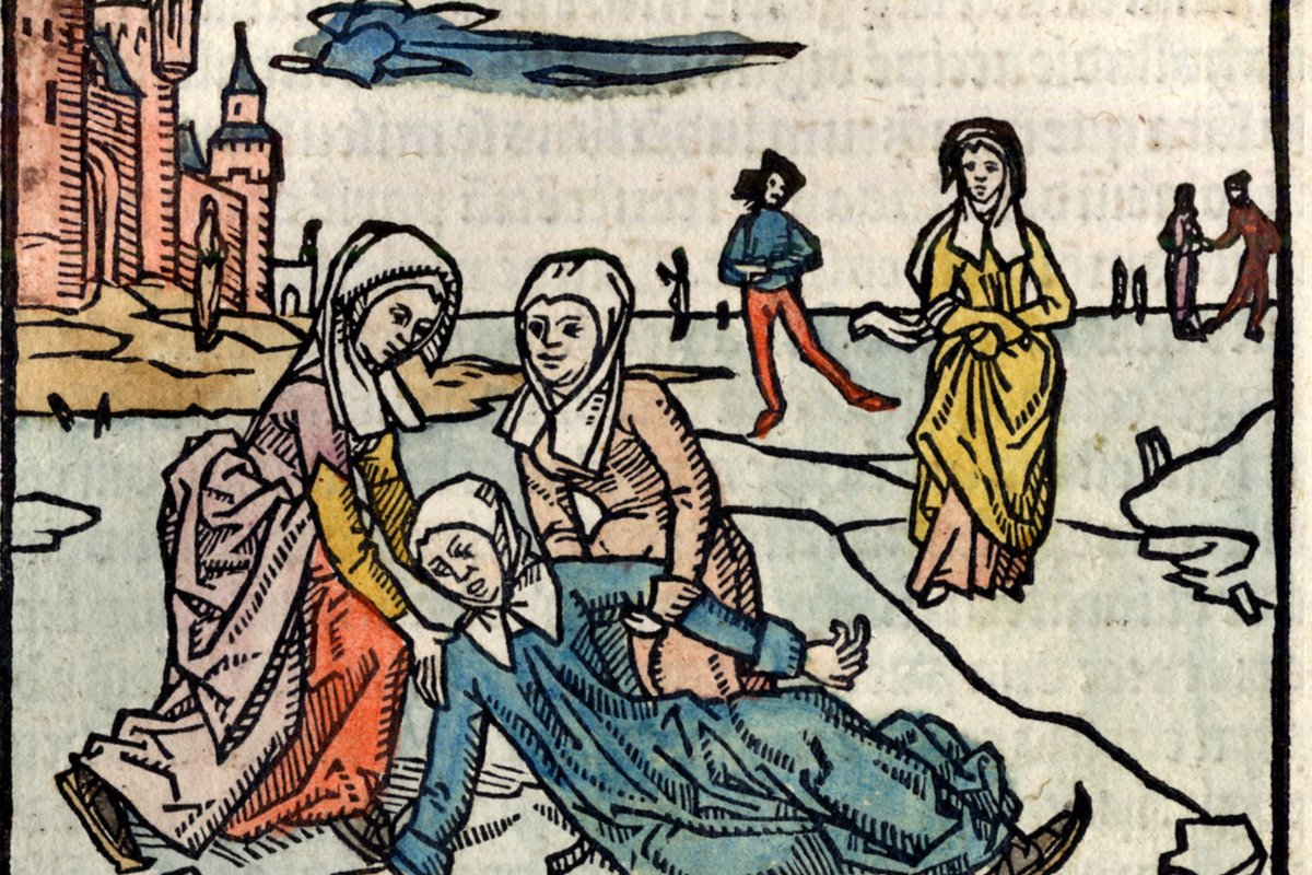 A hand-colored 15th-century woodcut showing a young woman fallen on the ice while other women help her up, with a walled Dutch town and other skaters in the background.