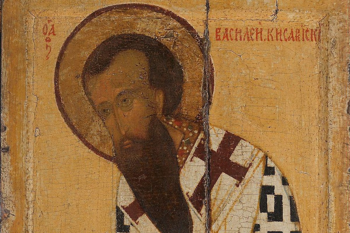 A 15th-century Novgorod icon of Saint Basil the Great, shown haloed and bearded in bishop's vestments holding a scroll — the grandson Macrina the Elder personally raised in the faith.