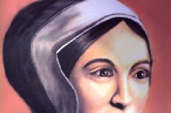 Un antiguo retrato grabado o pintado de una mujer inglesa de la época Tudor con vestido oscuro y gorguera blanca, manos entrelazadas en actitud de oración.