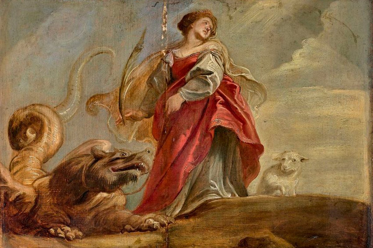 A young woman in a red robe stands calmly over a defeated dragon, holding a cross-tipped staff, with a lamb beside her, in a Baroque oil sketch.