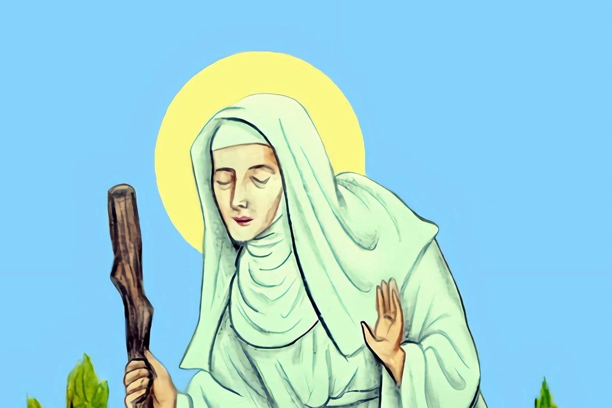 A modern devotional illustration of Saint Margaret of Castello, eyes closed, wearing a pale Dominican-style habit and haloed, leaning on a wooden walking staff in a green field.