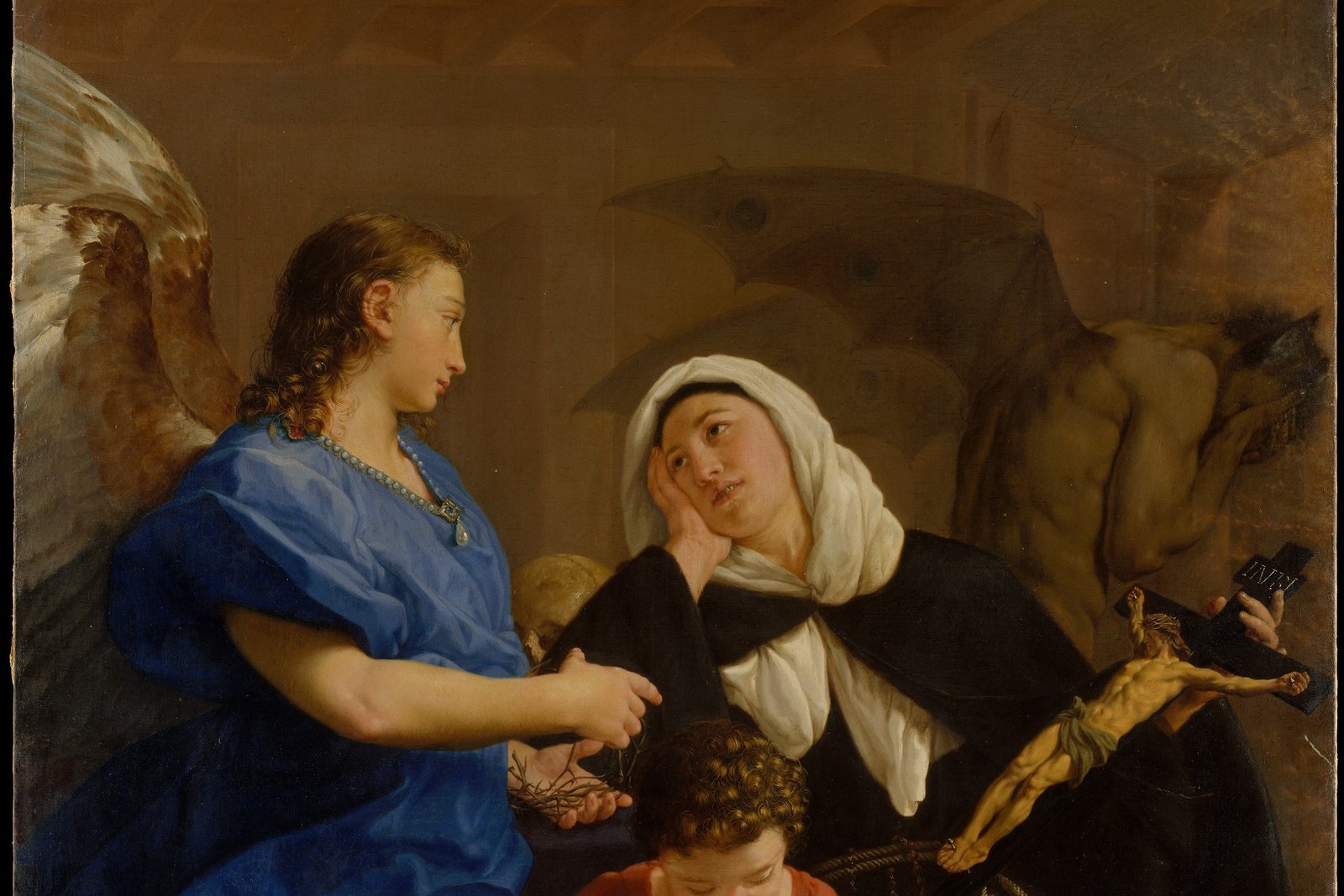 Peinture de Marguerite de Cortone en habit religieux sombre, agenouillée avec une expression de dévotion pénitente, les mains jointes en prière.