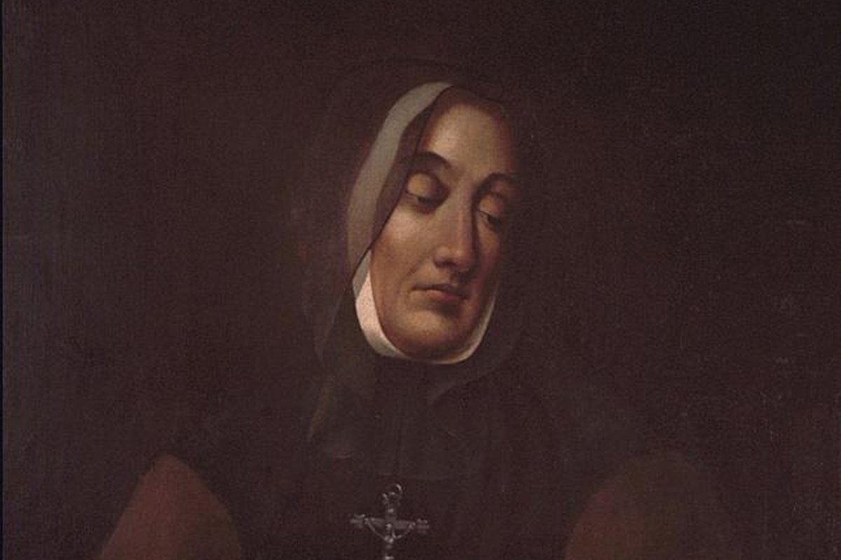 A 19th-century portrait of a nun in a grey wimple and dark habit, wearing a crucifix, looking downward in quiet contemplation.