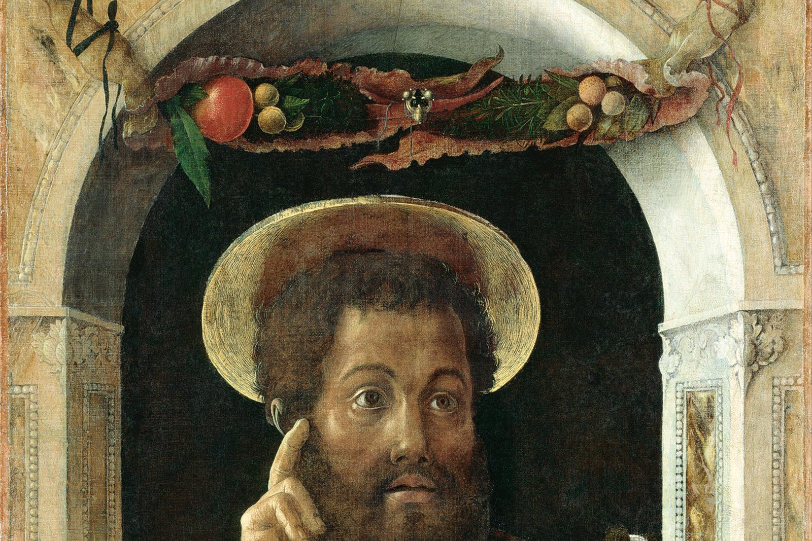 Renaissance painting of Saint Mark the Evangelist standing in a stone archway, haloed, with his hand raised to his face