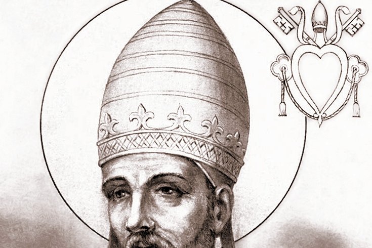 19th-century engraved portrait of Pope Saint Martin I wearing a papal mitre, with the papal keys and tiara emblem beside him