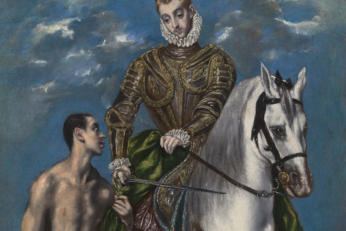 A painting of a knight on horseback in ornate armor, leaning down to hand something to a shirtless beggar standing beside the horse.