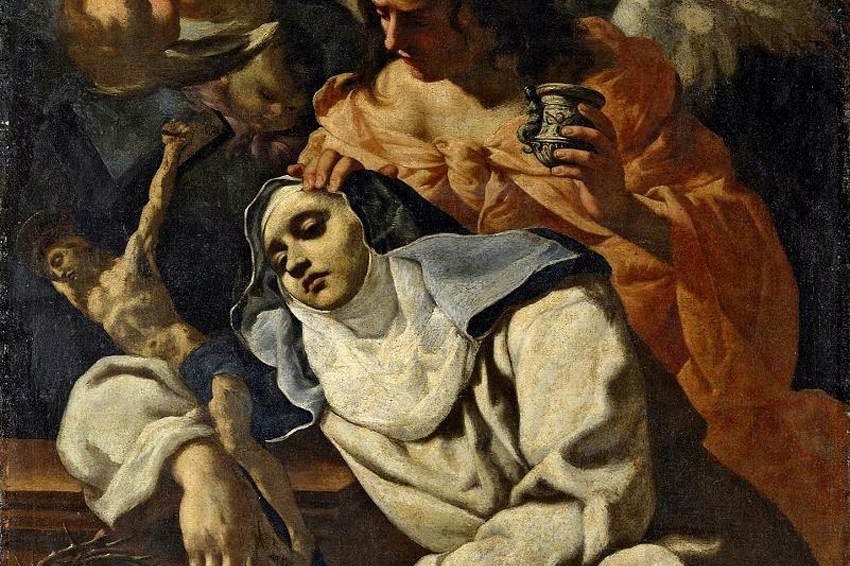 17th-century painting of Saint Mary Magdalene de' Pazzi in mystical ecstasy, crowned by an angel, with a crucifix and skull nearby
