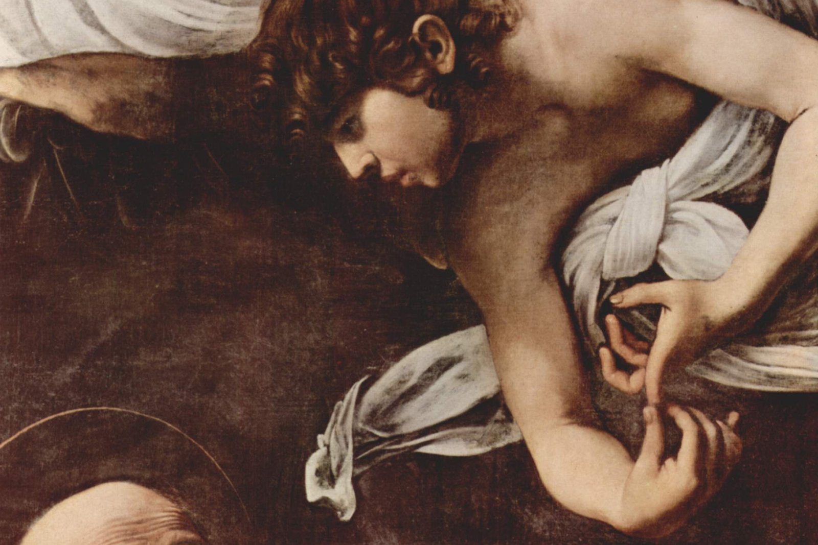 A Baroque painting of Saint Matthew the Evangelist writing his Gospel, guided by an angel.