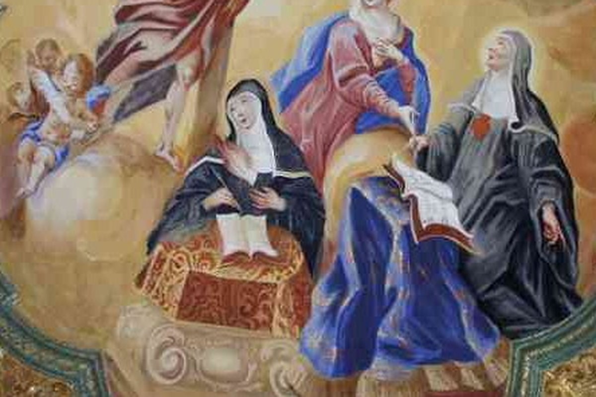 A Baroque ceiling fresco showing Christ above two haloed medieval nuns seated with open books, one of them Mechtild of Hackeborn recording a vision.
